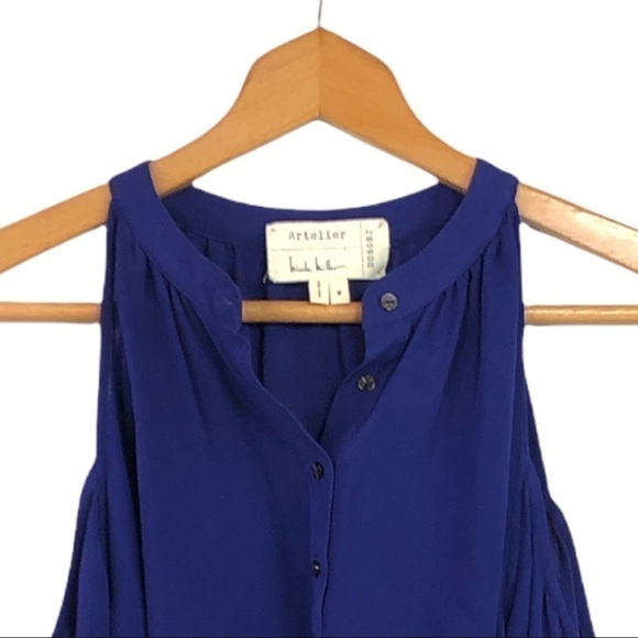 Artelier, Nicole Miller - Silk, Cold Shoulder Button Down, NAVY BLUE - Picture 4 of 7